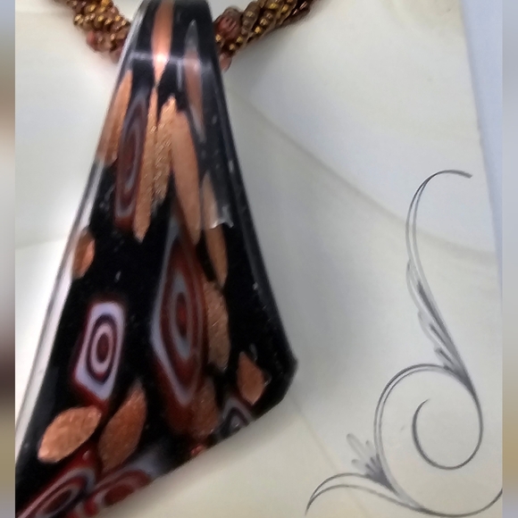 Murano Glass Stretched Millefiori Pendant, Dichroic Copper Fluss Art Glass on Br - Picture 6 of 6